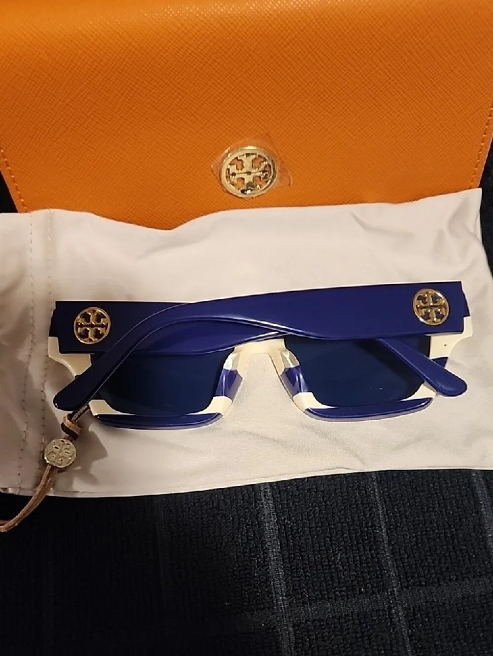 Tory Burch Blue and White Striped Sunglasses with Orange Case